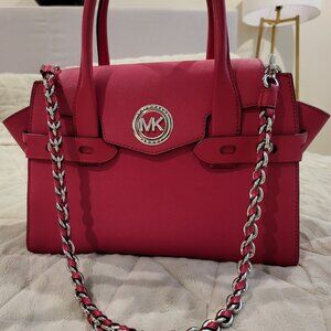 Michael Kors Carmen Small Flap Belted Leather Satchel Dark Raspberry/Sliver